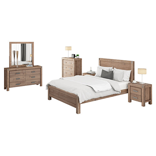 5 Pieces Bedroom Suite in Solid Wood Veneered Acacia Construction Timber Slat Queen Size Oak Colour Bed, Bedside Table , Tallboy & Dresser