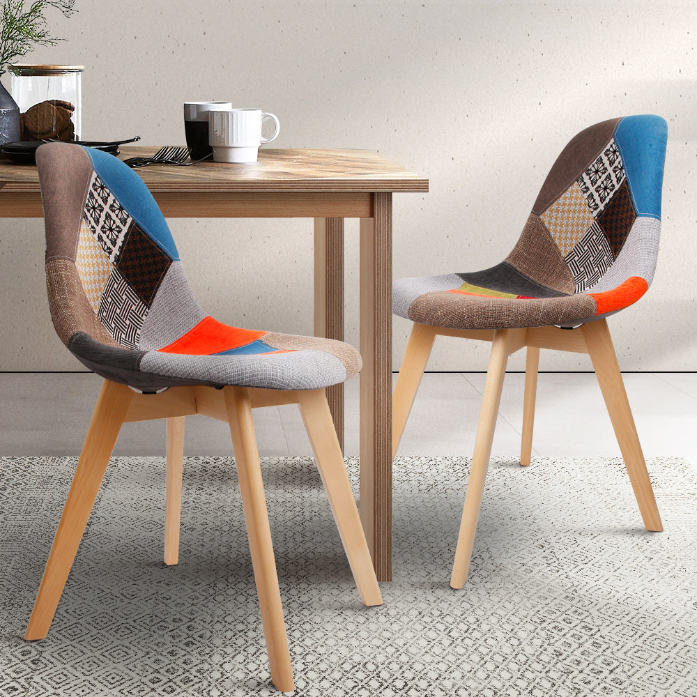 Artiss Set of 2 Retro Beech Fabric Dining Chair - Multi Colour