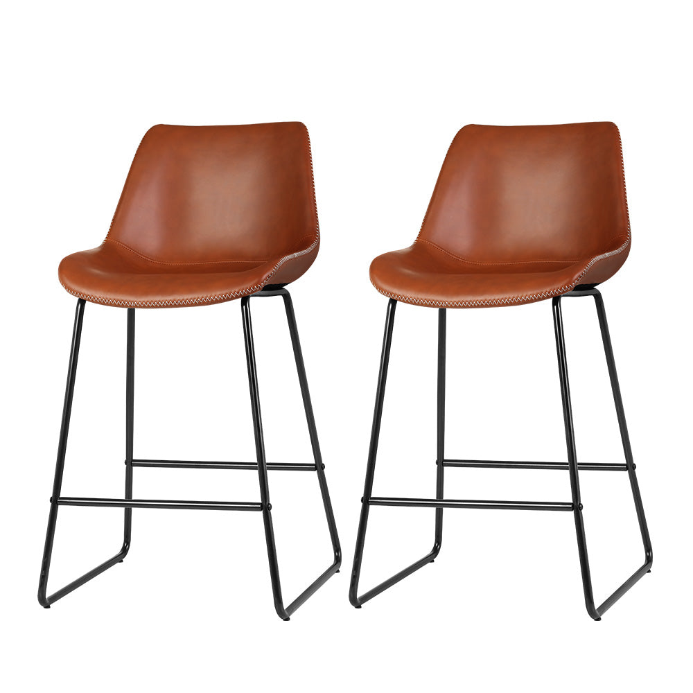 Artiss Set of 2 Bar Stools Kitchen Metal Bar Stool Dining Chairs PU Leather Brown