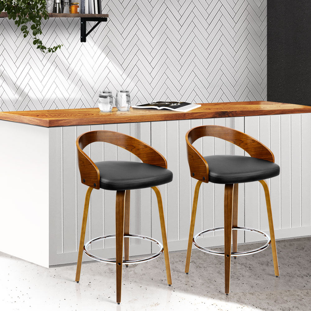 Artiss Set of 2 Walnut Wood Bar Stools - Black and Brown