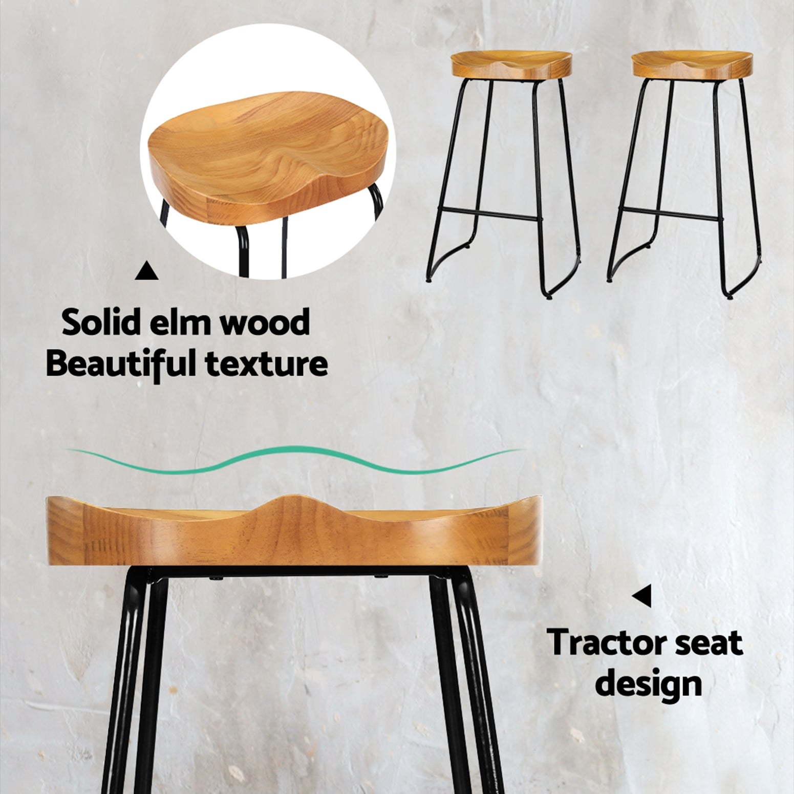 Artiss Set of 2 Elm Wood Backless Bar Stools 75cm - Black and Light Natural