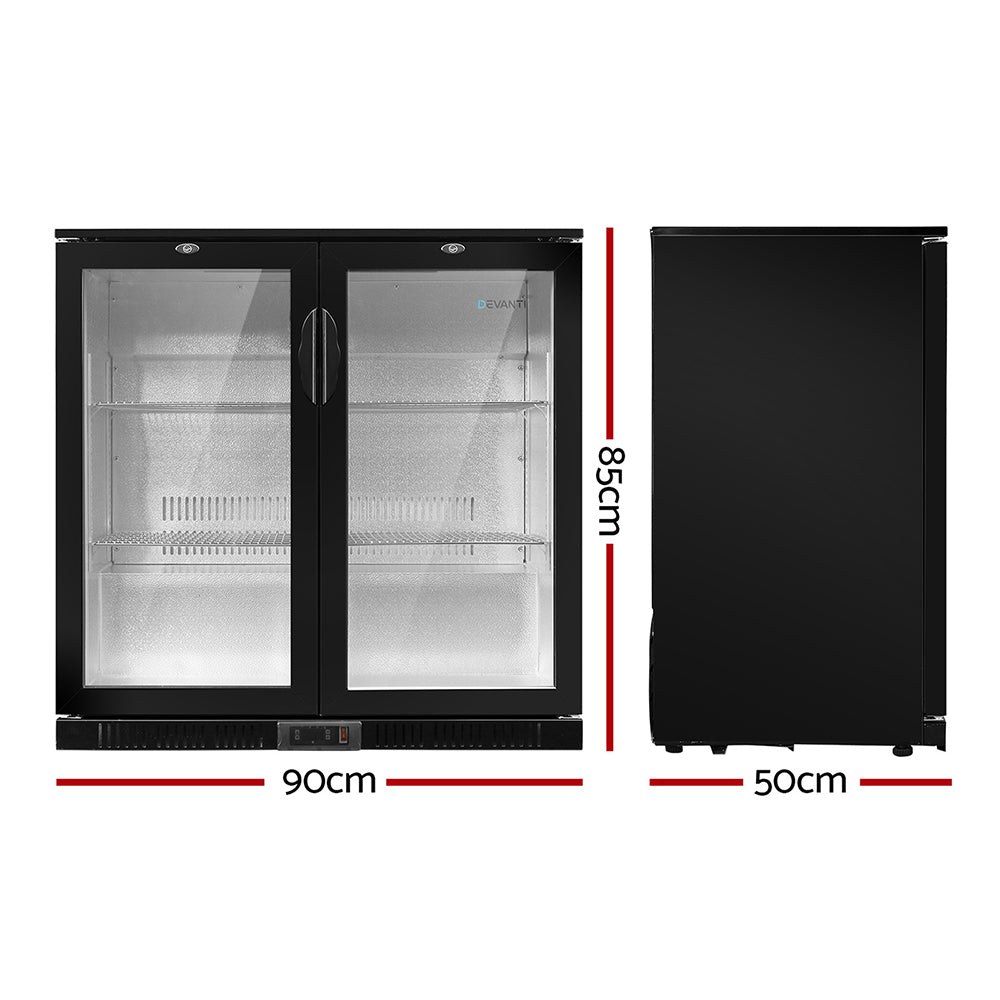 Devanti Bar Fridge 2 Glass Door Commercial Display Freezer Drink Beverage Cooler Black