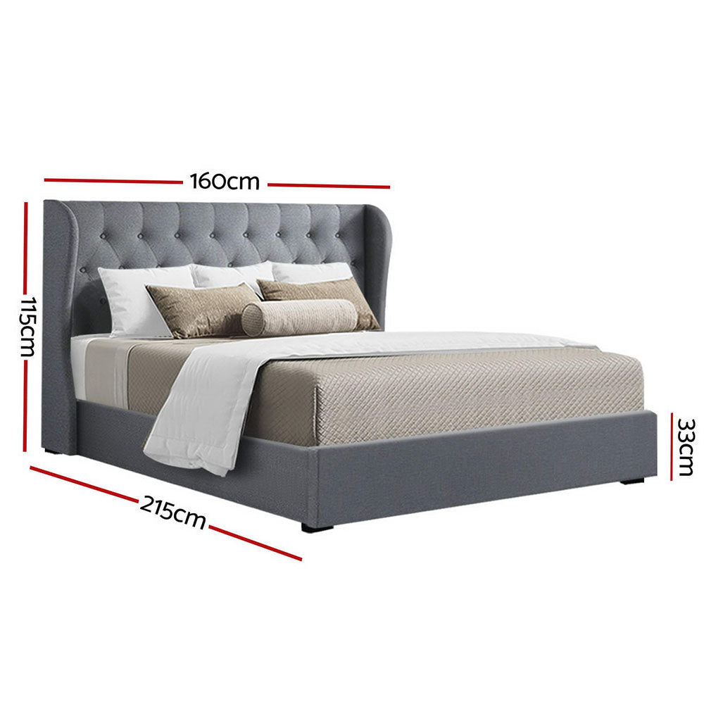 Artiss Issa Bed Frame Fabric Gas Lift Storage - Grey Queen