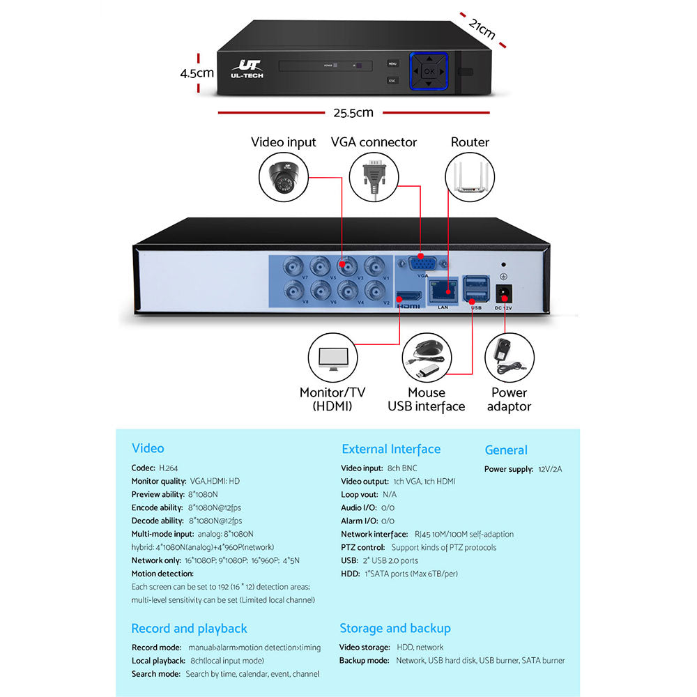 UL-tech 1080P CCTV Security Camera 8CH Dome DVR