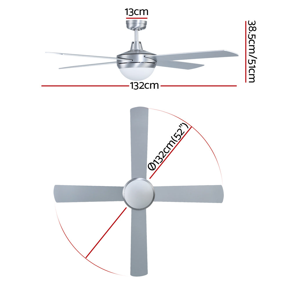 Devanti 52'' Ceiling Fan w/Light w/Remote Timer - Silver