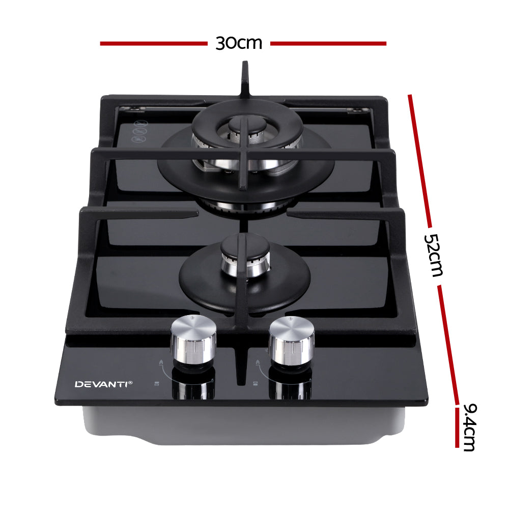 Devanti Gas Cooktop 30cm Gas Stove Cooker 2 Burner Cook Top Knobs NG LPG Black