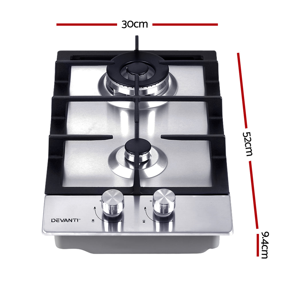 Devanti Gas Cooktop 30cm Gas Stove Cooker 2 Burner Cook Top Knobs NG LPG Steel