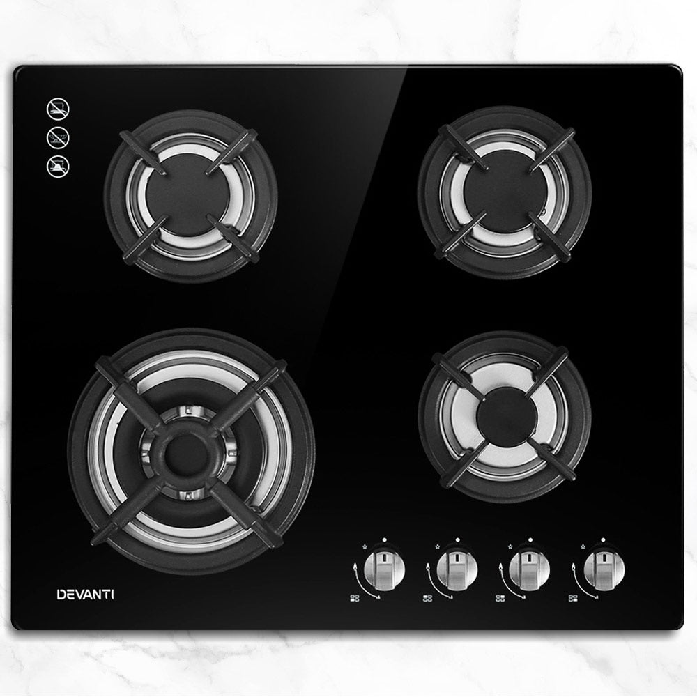 Devanti Gas Cooktop 60cm 4 Burner Ceramic Glass Cook Top Stove Hob Cooker LPG NG Black