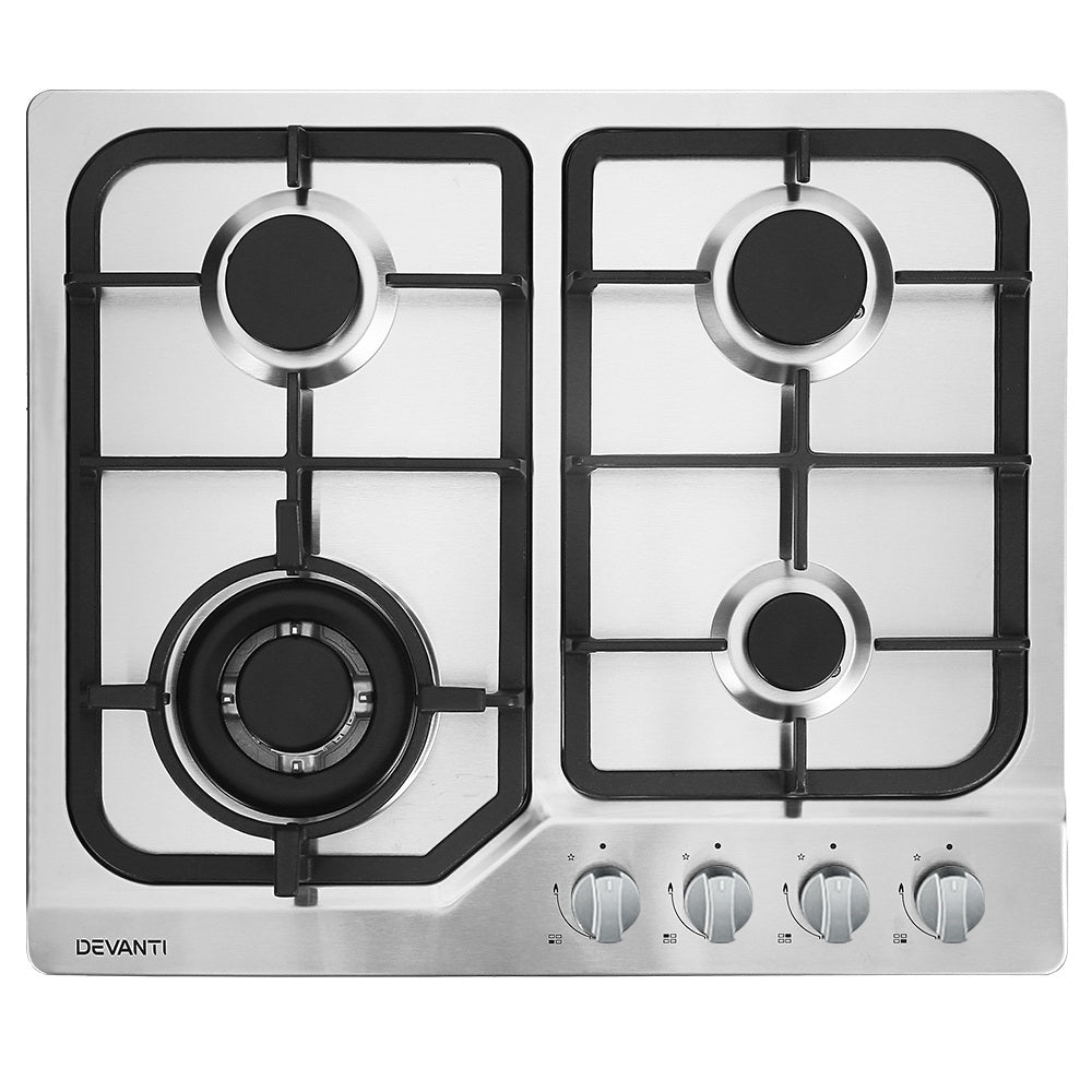 Devanti Gas Cooktop 60cm Gas Stove Cooker 4 Burner Cook Top Knobs NG LPG Steel