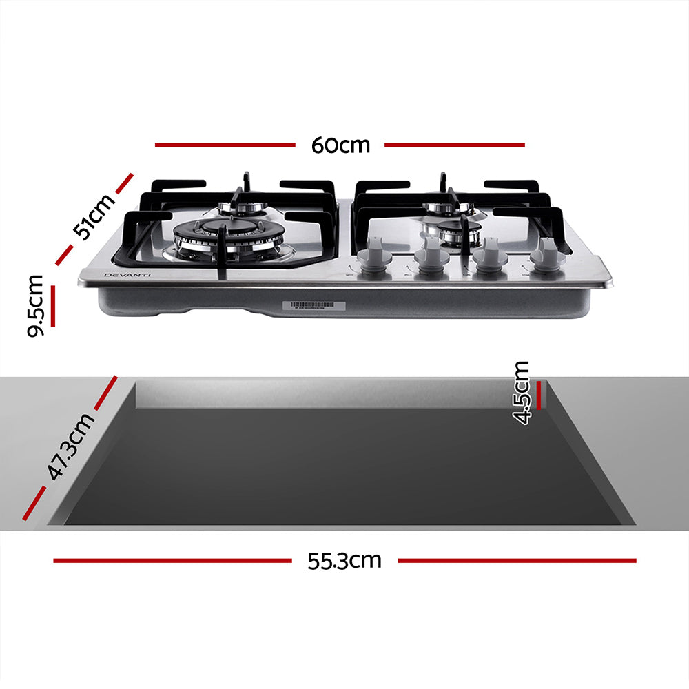 Devanti Gas Cooktop 60cm Gas Stove Cooker 4 Burner Cook Top Knobs NG LPG Steel