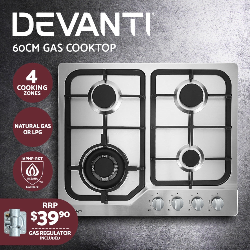 Devanti Gas Cooktop 60cm Gas Stove Cooker 4 Burner Cook Top Knobs NG LPG Steel