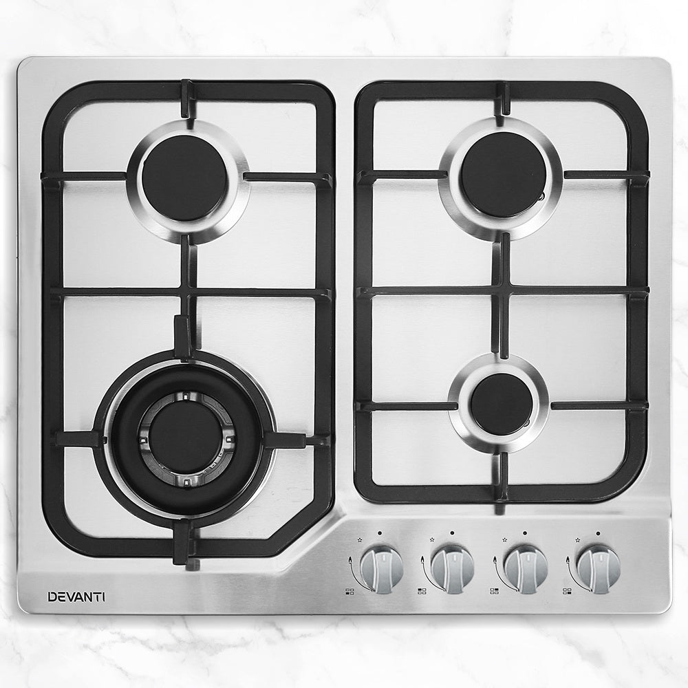 Devanti Gas Cooktop 60cm Gas Stove Cooker 4 Burner Cook Top Knobs NG LPG Steel