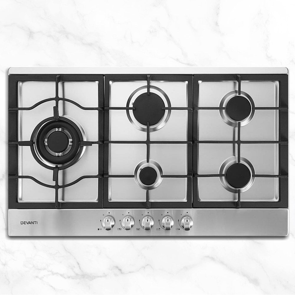 Devanti Gas Cooktop 90cm Kitchen Stove Cooker 5 Burner Stainless Steel NG/LPG Silver