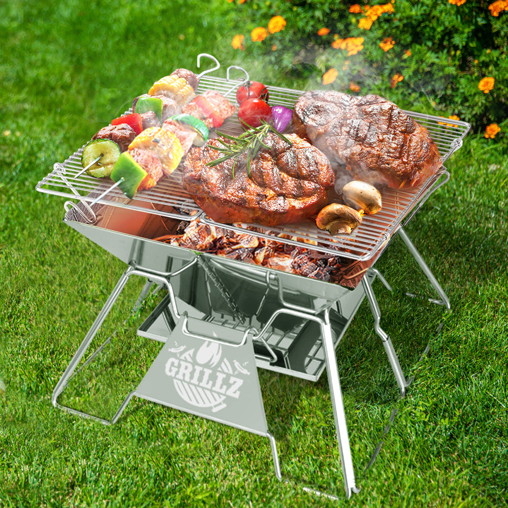 Grillz Camping Fire Pit BBQ 2-in-1 Grill Smoker Outdoor Portable Stainless Steel