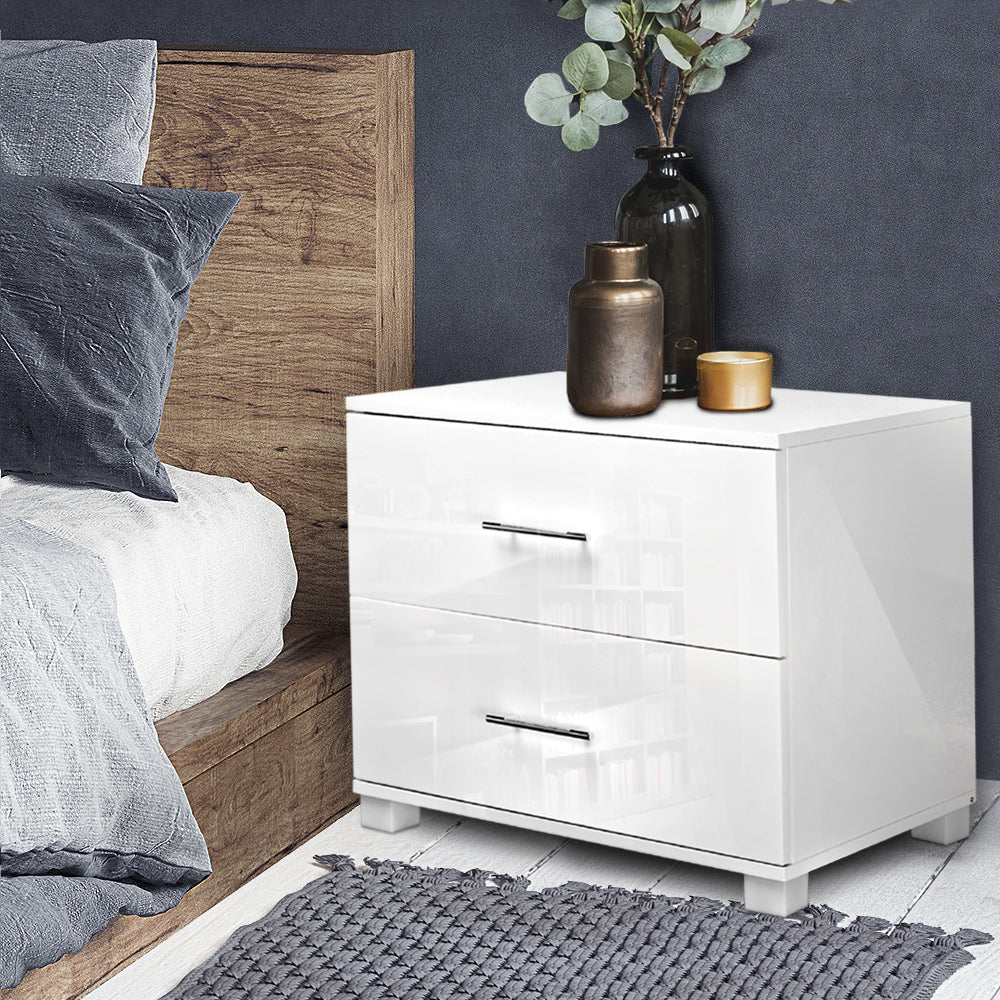 Artiss High Gloss Two Drawers Bedside Table - White