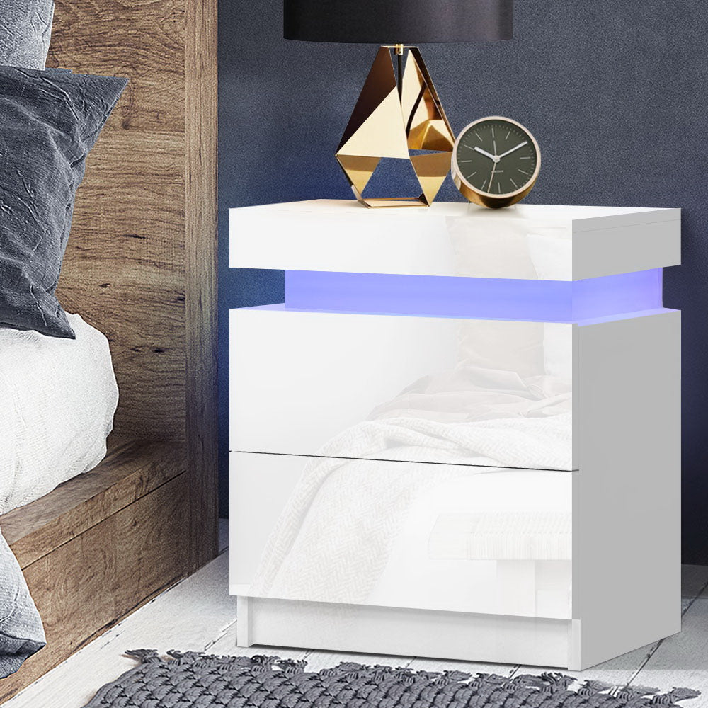 Artiss Bedside Tables Side Table Drawers RGB LED High Gloss Nightstand White