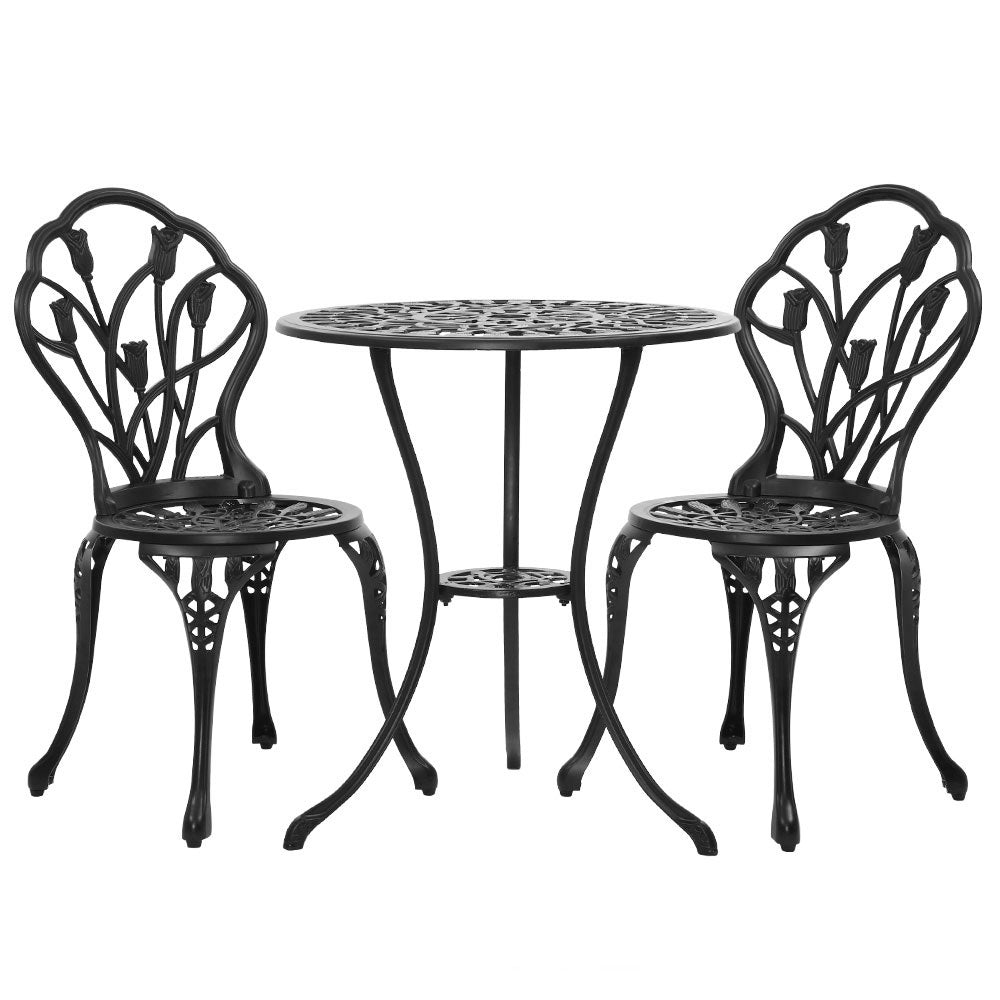 Gardeon 3PC Outdoor Setting Cast Aluminium Bistro Table Chair Patio Black