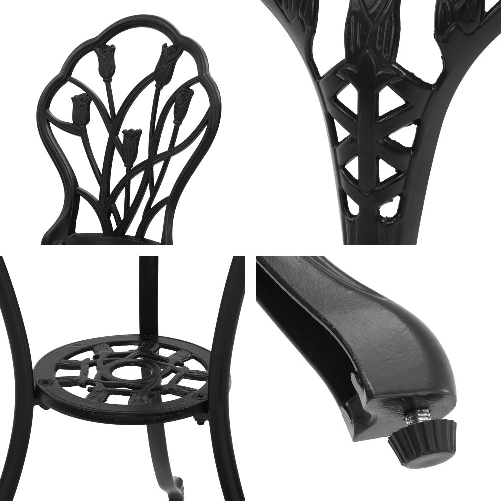 Gardeon 3PC Outdoor Setting Cast Aluminium Bistro Table Chair Patio Black