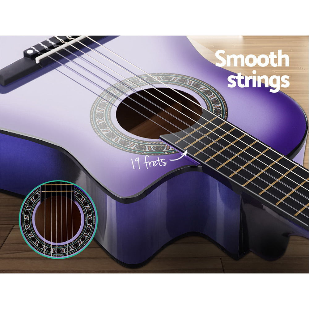 Alpha 34" Inch Guitar Classical Acoustic Cutaway Wooden Ideal Kids Gift Children 1/2 Size Purple with Capo Tuner