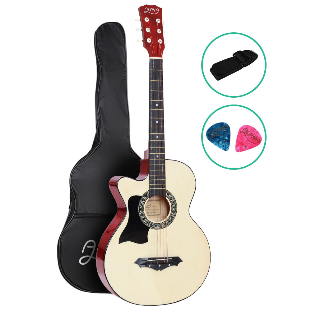 ALPHA 38 Inch Wooden Acoustic Guitar Left handed - Natural Wood