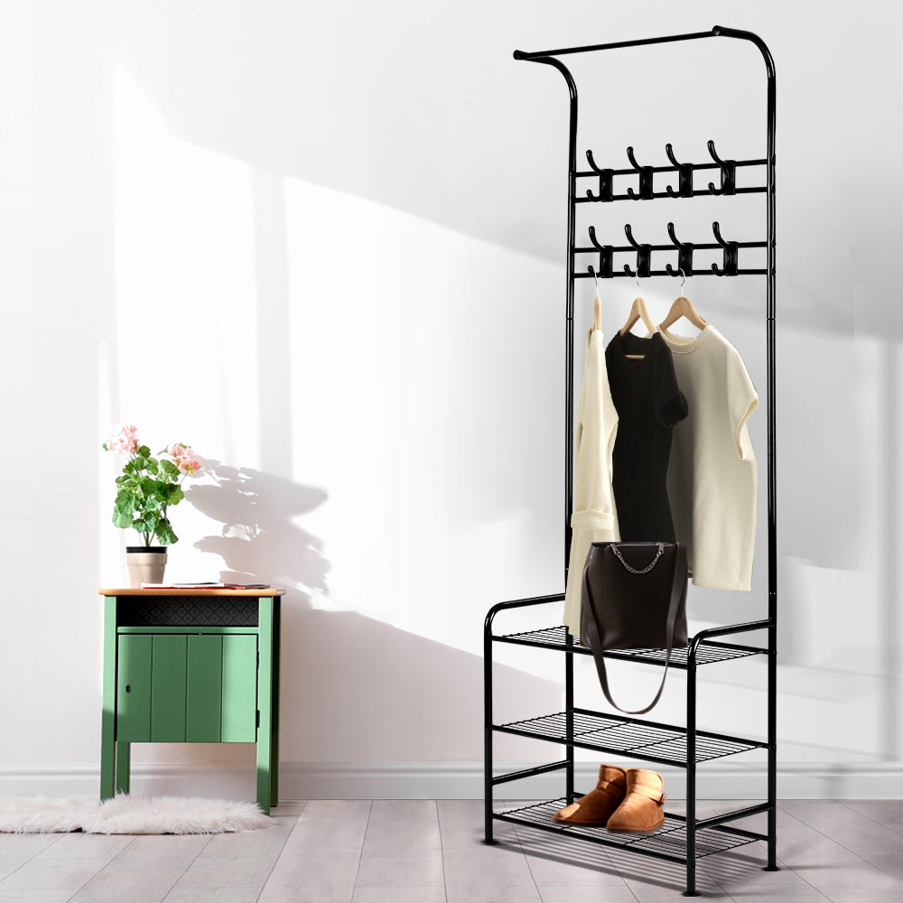 Artiss Clothes Rack Coat Stand Garment Portable Hanger Airer Organiser Shoe Storage Metal Black