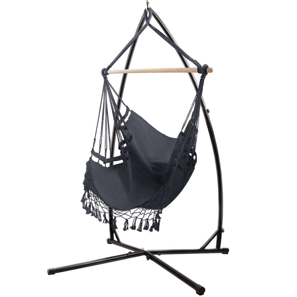 Gardeon Outdoor Hammock Chair with Steel Stand Tassel Hanging Rope Hammock Grey