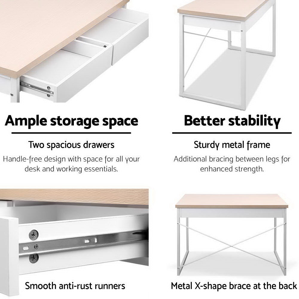 Artiss Metal Desk with Drawer - White with Wooden Top