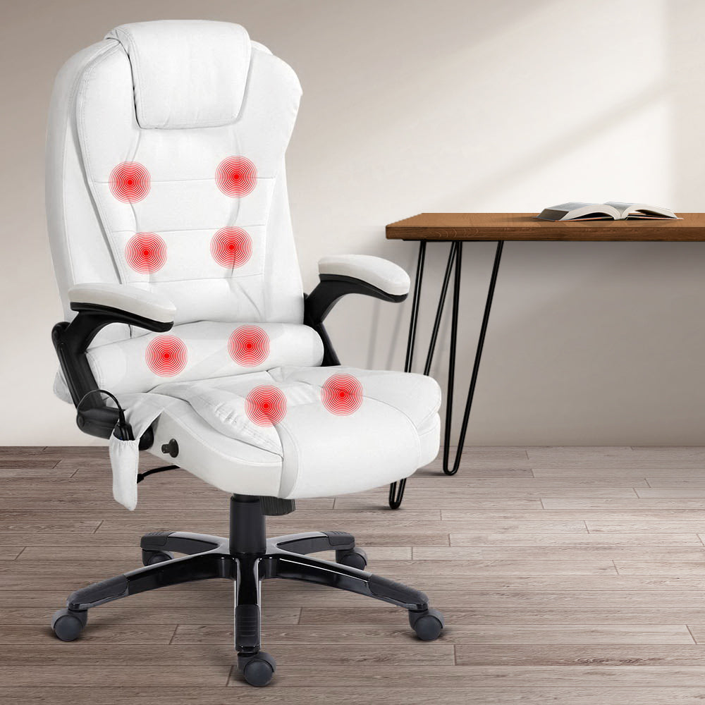 Artiss Massage Office Chair 8 Point PU Leather Office Chair - White