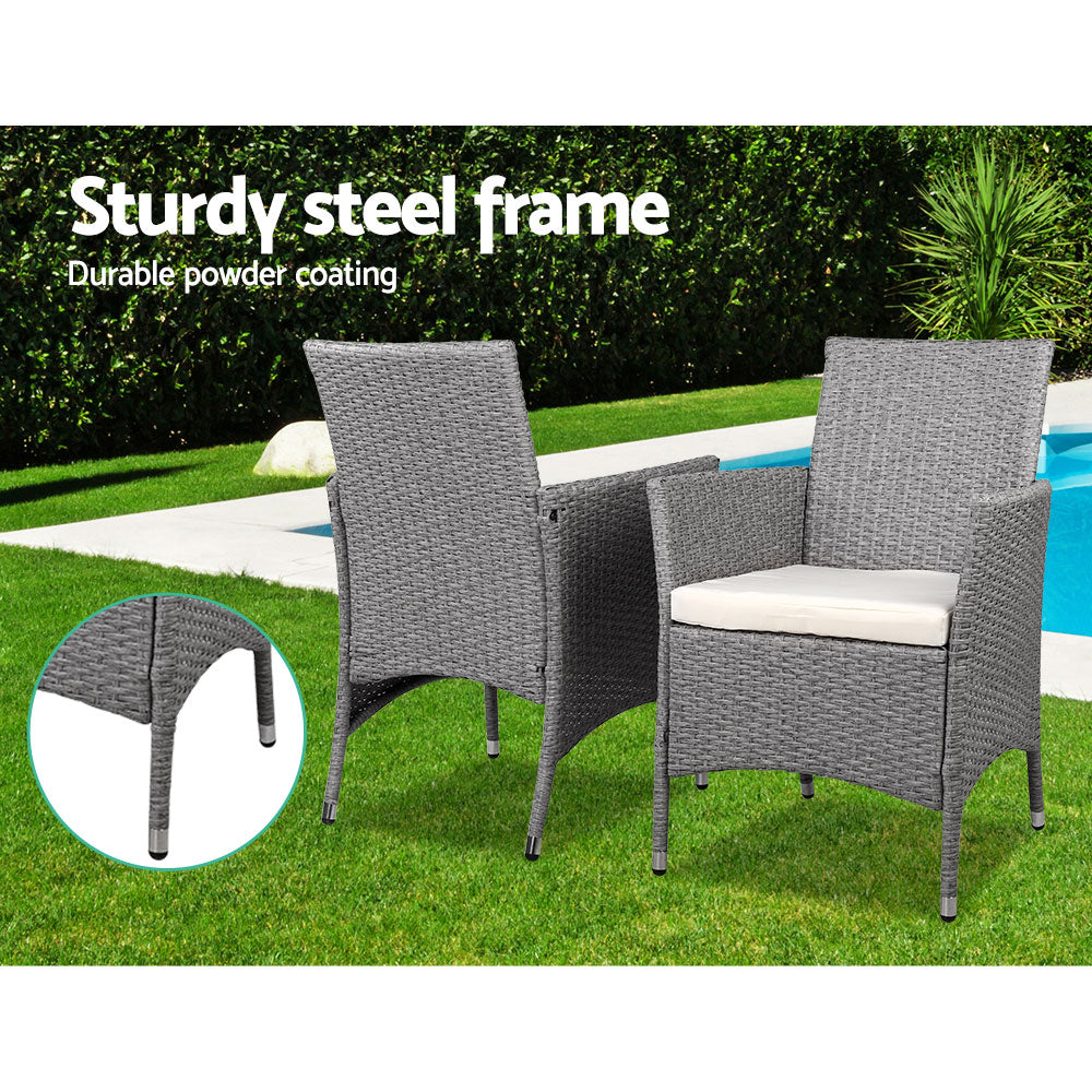 3 Piece Wicker Outdoor Chair Side Table Furniture Set - Grey