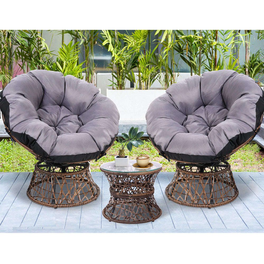 Gardeon Outdoor Lounge Setting Papasan Chairs Table Patio Furniture Wicker Brown