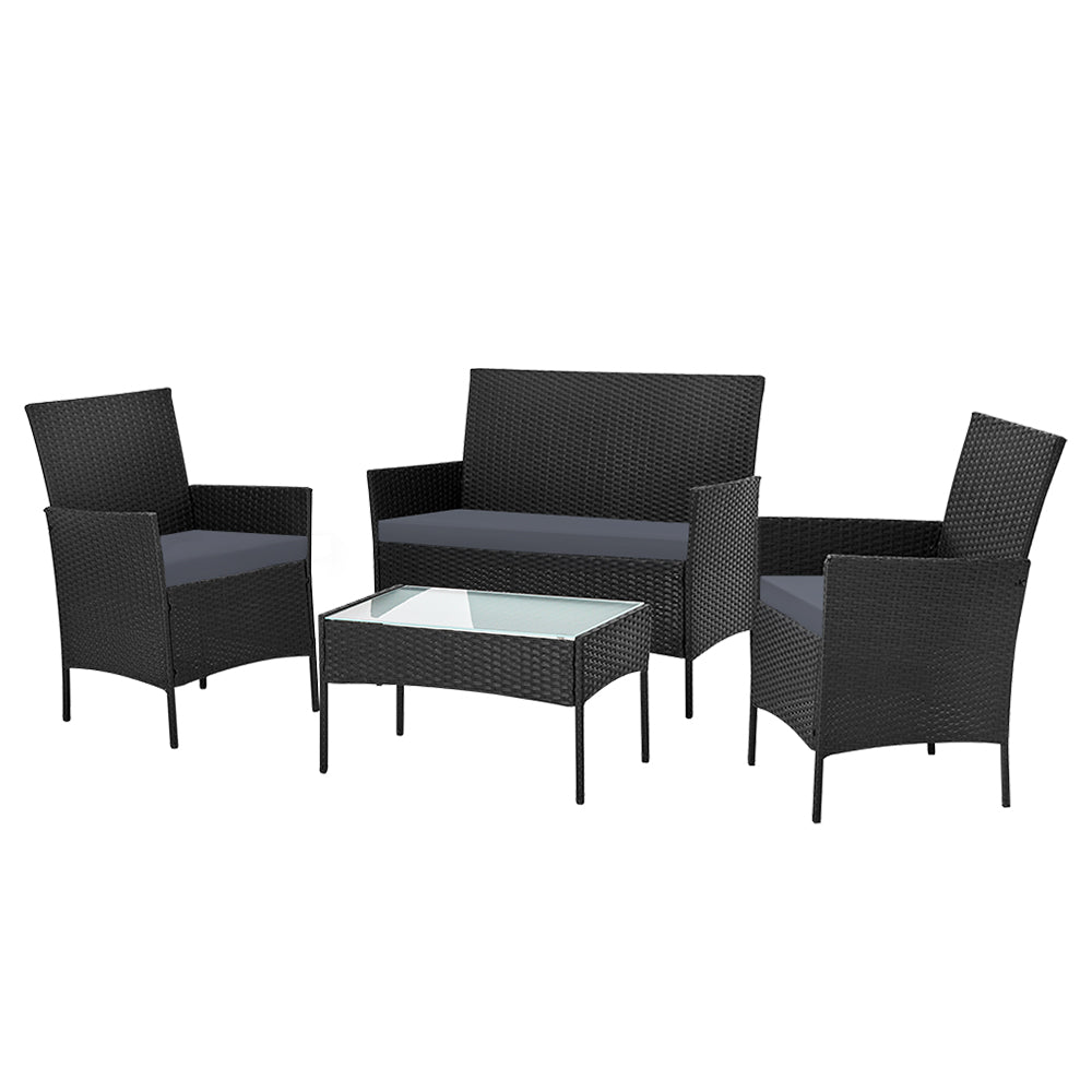 Gardeon 4-piece Outdoor Lounge Setting Wicker Patio Furniture Dining Set Black