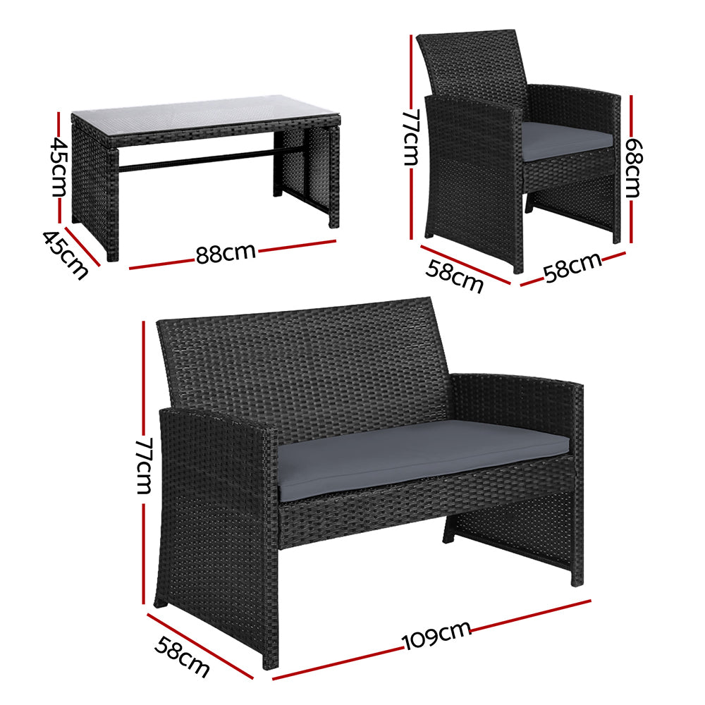 Gardeon Set of 4 Outdoor Lounge Setting Rattan Patio Wicker Dining Set Black