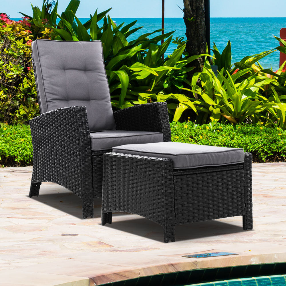 Sun lounge Recliner Chair Wicker Lounger Sofa Day Bed Outdoor Furniture Patio Garden Cushion Ottoman Black Gardeon