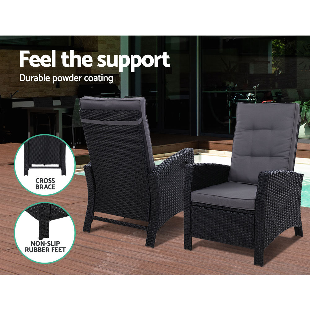 Gardeon Outdoor Setting Recliner Chair Table Set Wicker lounge Patio Furniture Black