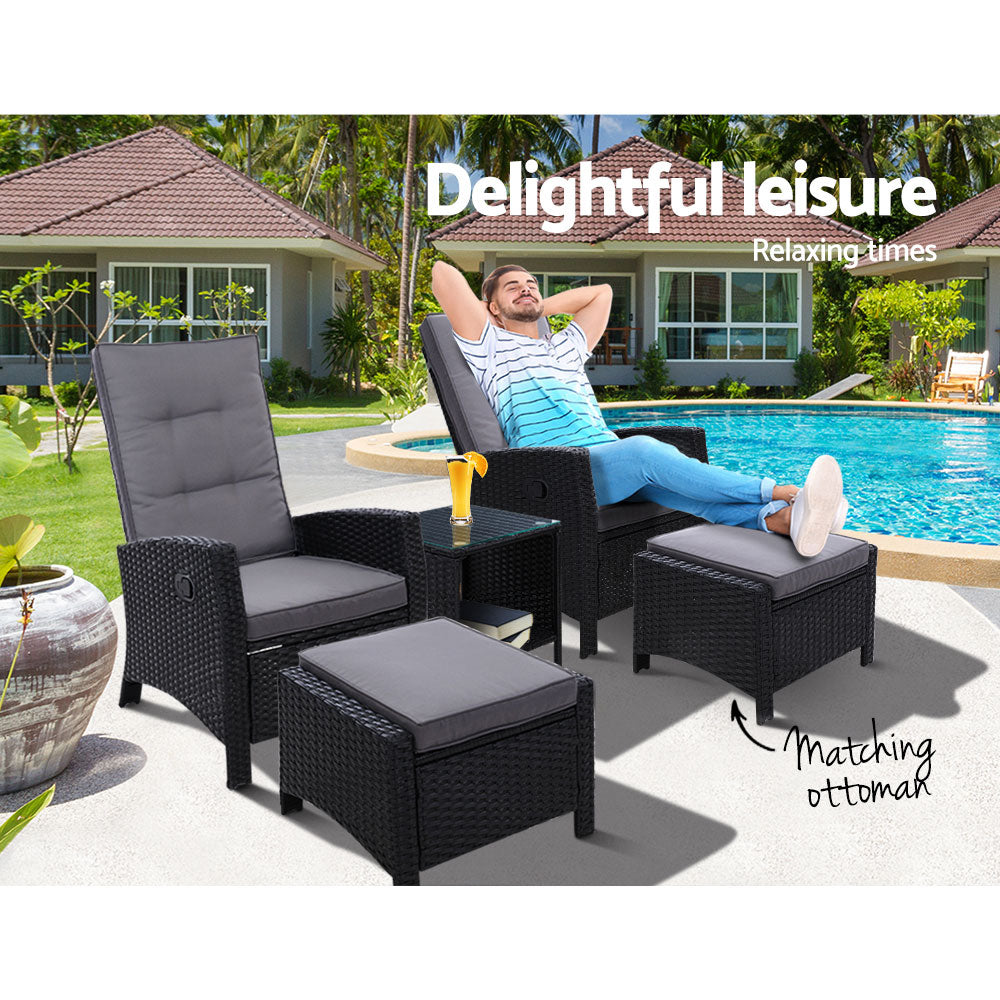 Gardeon Outdoor Patio Furniture Recliner Chairs Table Setting Wicker Lounge 5pc Black