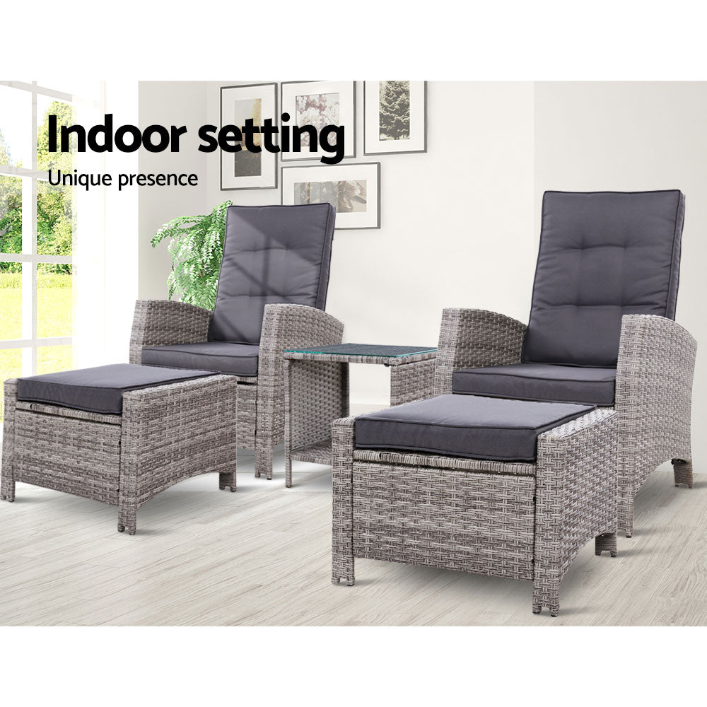 Gardeon Outdoor Patio Furniture Recliner Chairs Table Setting Wicker Lounge 5pc Grey