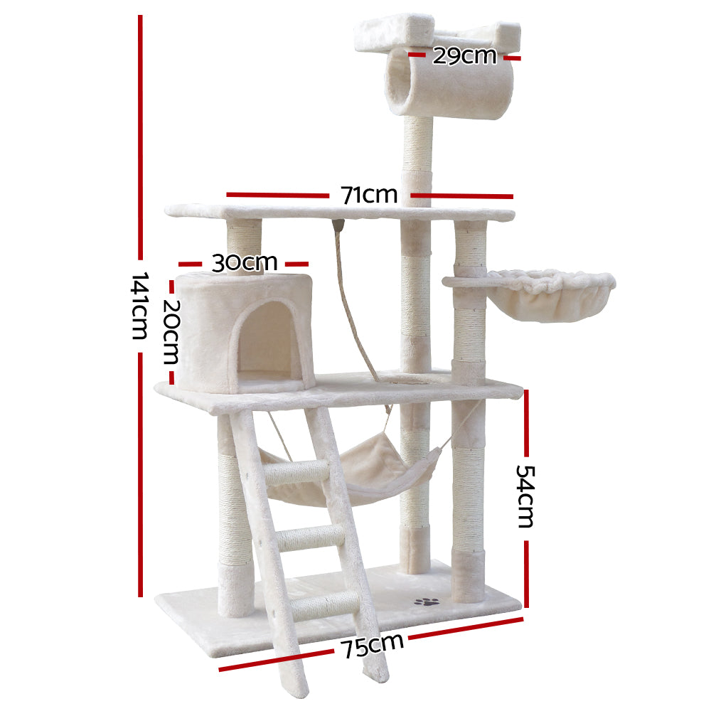 i.Pet Cat Tree 141cm Trees Scratching Post Scratcher Tower Condo House Furniture Wood Beige