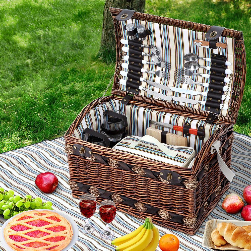 Alfresco 4 Person Picnic Basket Wicker Baskets Outdoor Insulated Gift Blanket