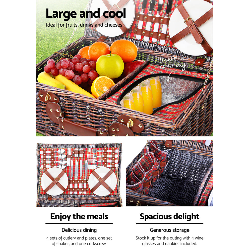 Alfresco 4 Person Picnic Basket Wicker Picnic Set Outdoor Insulated Blanket