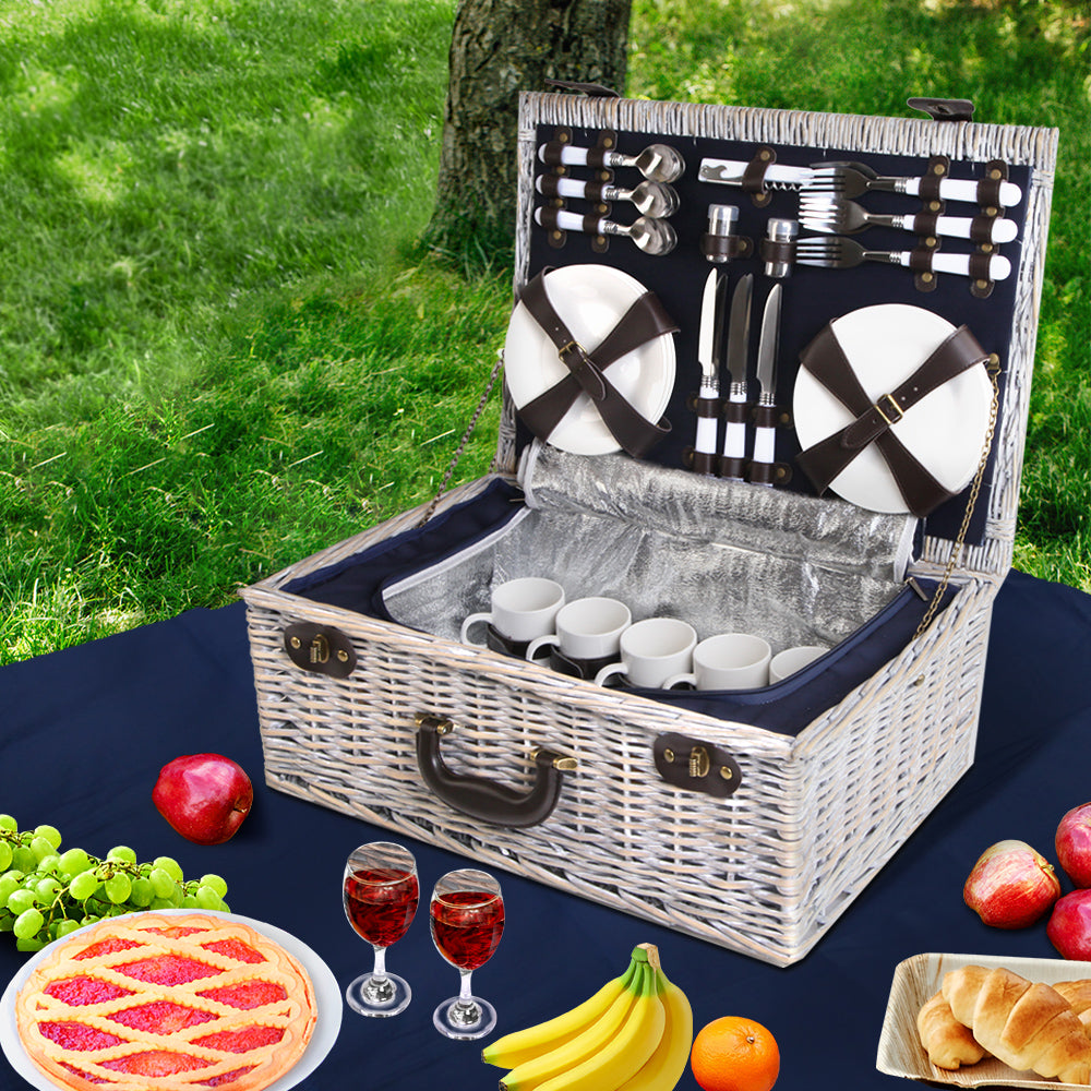 Alfresco 6 Person Picnic Basket Set Cooler Bag Wicker PU Fastening Straps Plates