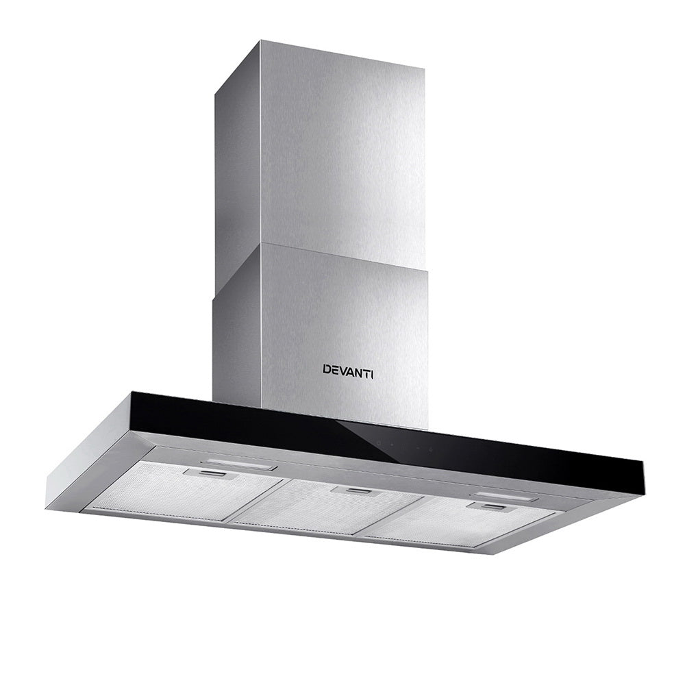 Devanti Range Hood 900mm Rangehood 90cm Stainless Steel Glass Kitchen Canopy Black