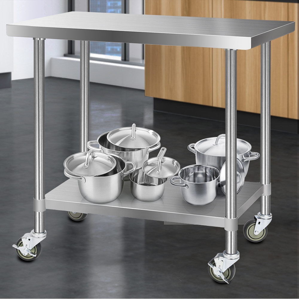 Cefito 430 Stainless Steel Kitchen Benches Work Bench Food Prep Table with Wheels 1219MM x 610MM