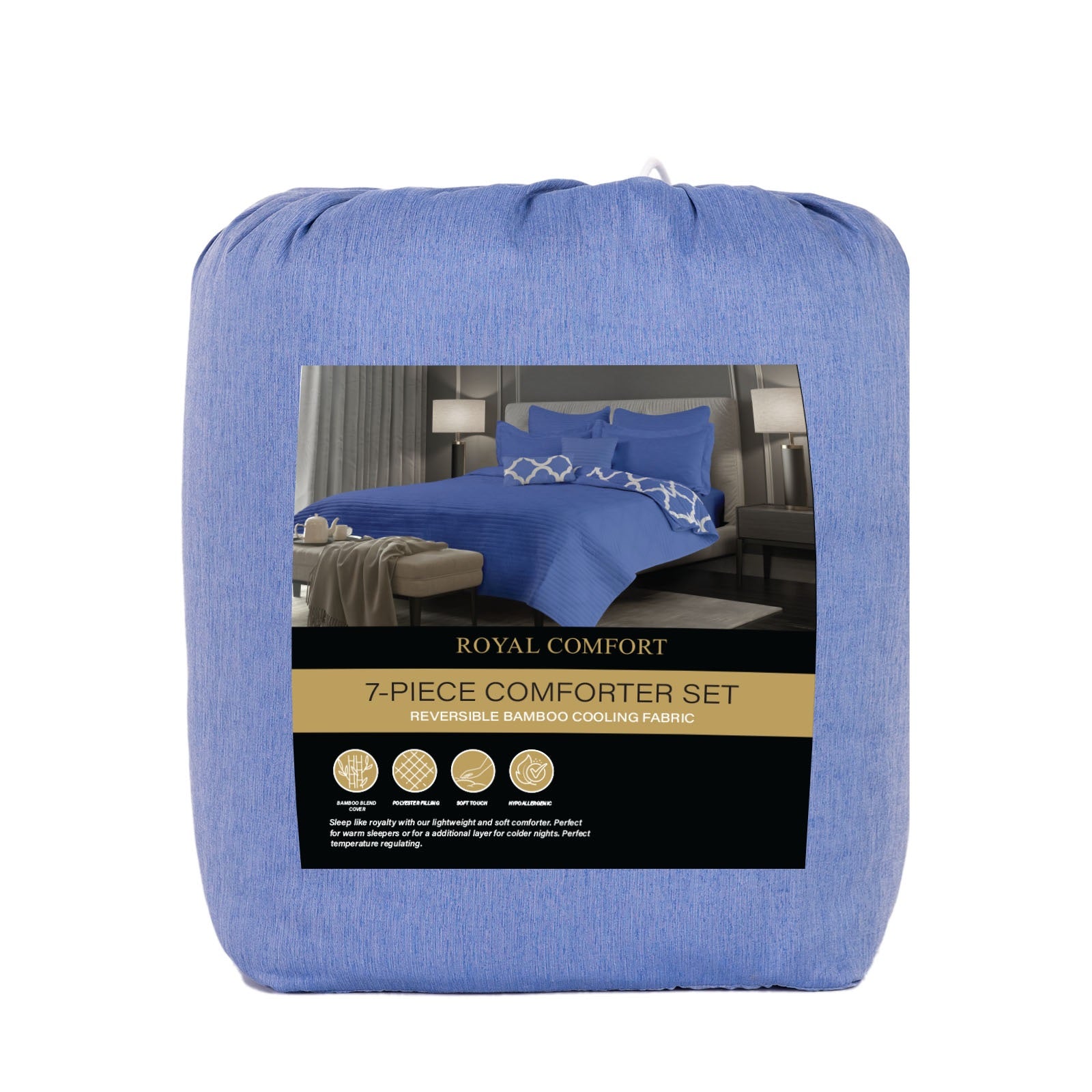 Royal Comfort Bamboo Cooling Reversible 7 Piece Comforter Set Bedspread - King - Royal Blue