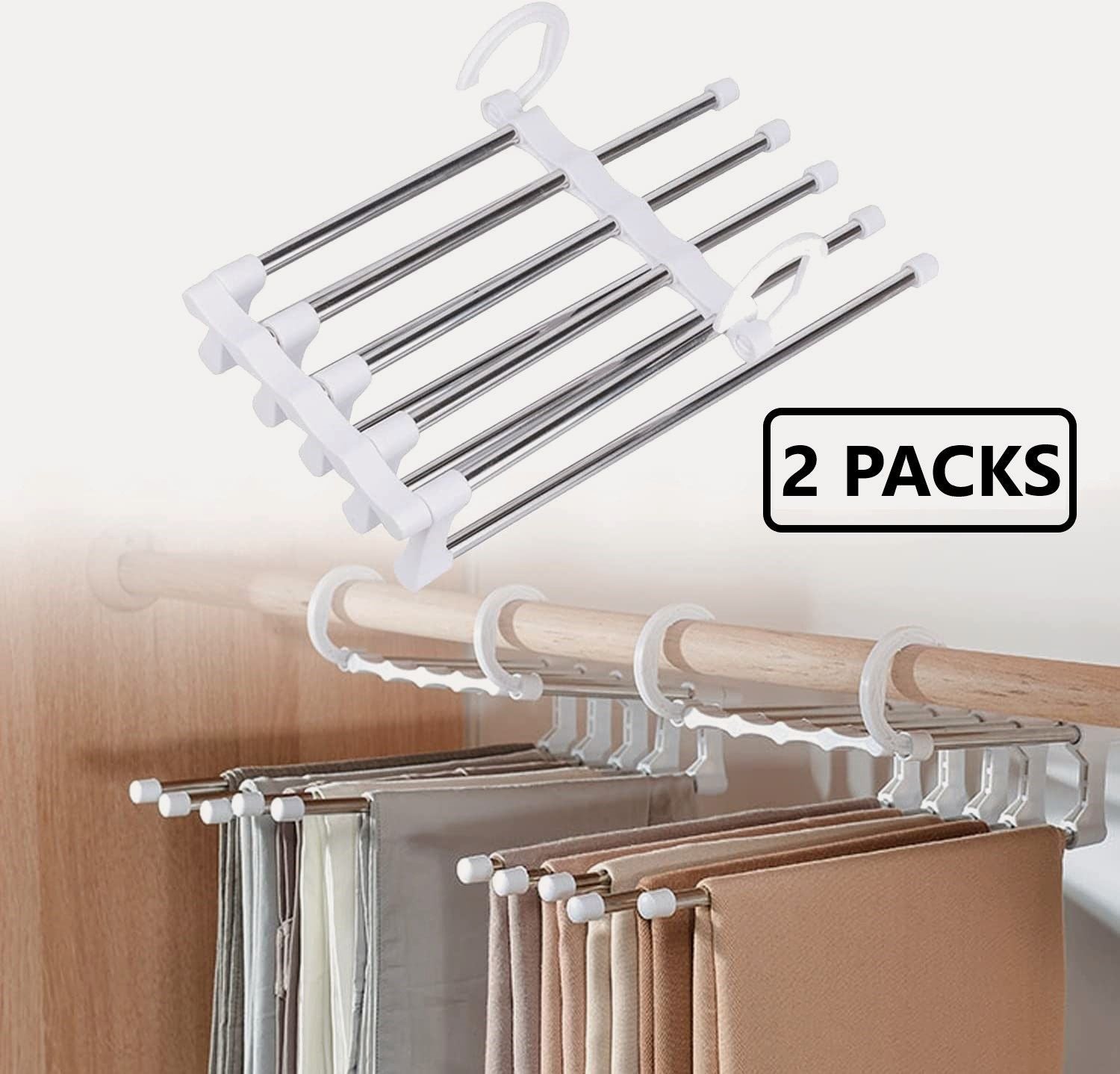 2 Pack Stainless Steel Adjustable 5 in 1 Pants Hangers Non-Slip Space Saving for Home Storage