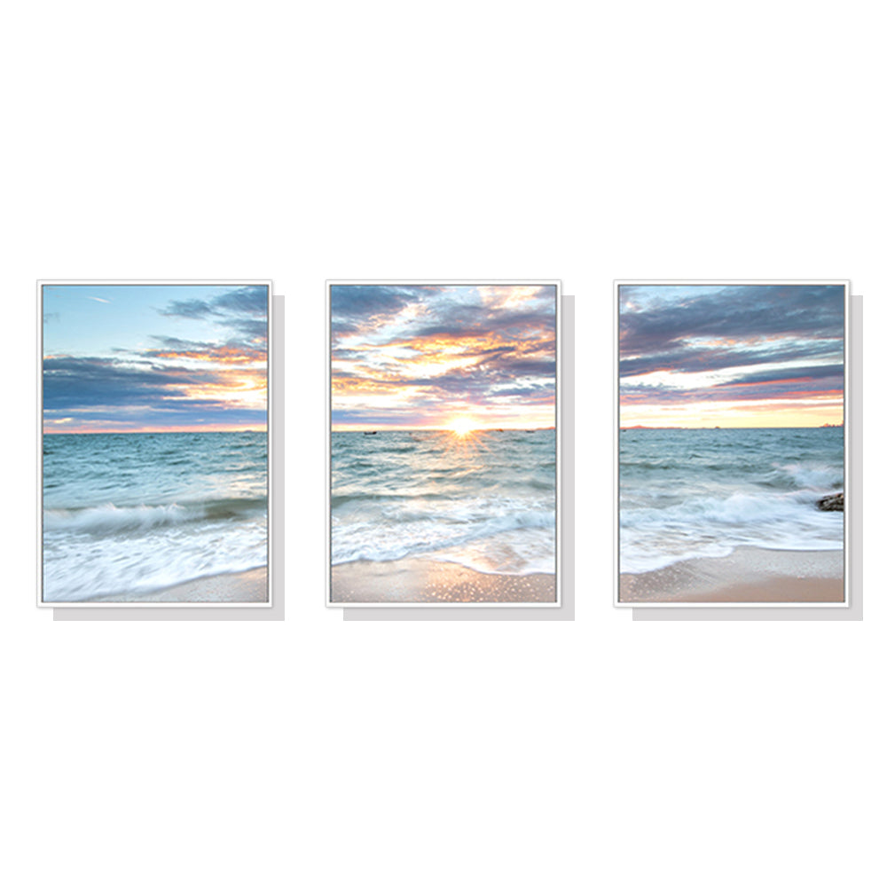 60cmx90cm Sunrise by the ocean 3 Sets White Frame Canvas Wall Art