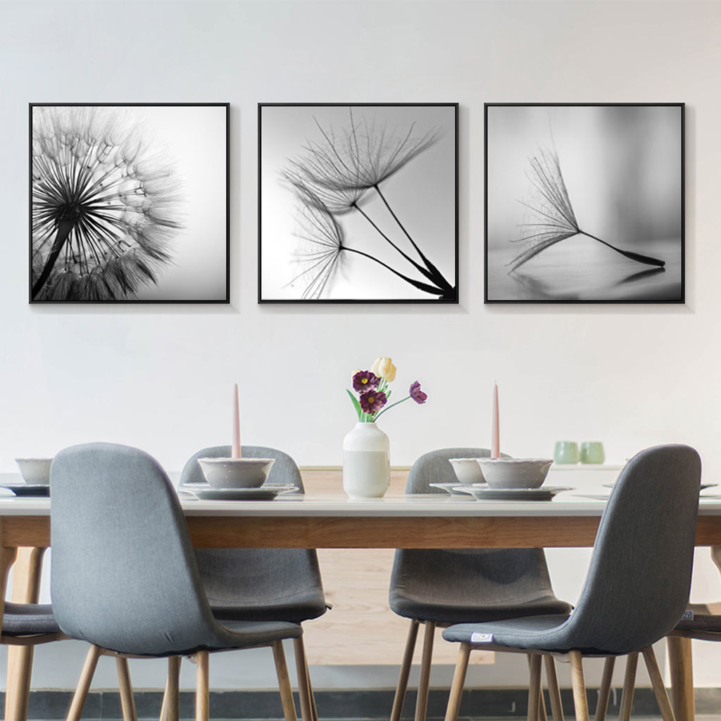 50cmx50cm Botanical dandelions 3 Sets Black Frame Canvas Wall Art