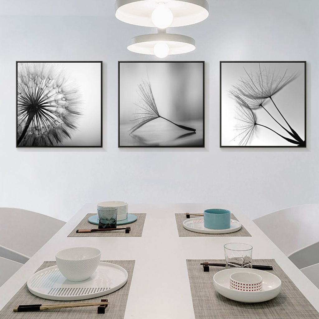 50cmx50cm Botanical dandelions 3 Sets Black Frame Canvas Wall Art