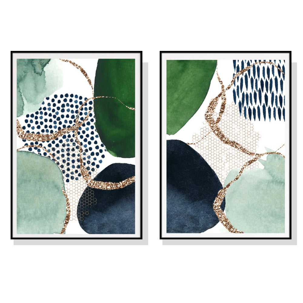 50cmx70cm Abstract Green and Navy 2 Sets Black Frame Canvas Wall Art