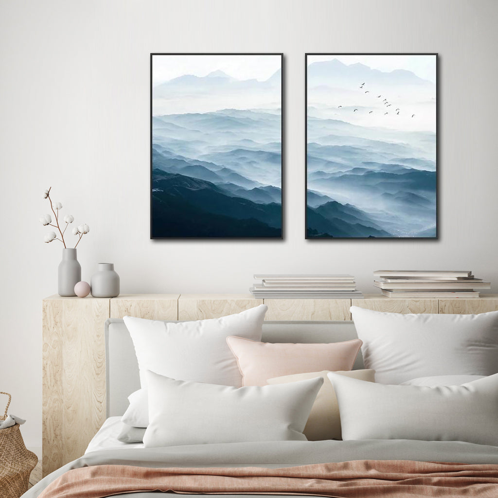 60cmx90cm Blue mountains 2 Sets Black  Frame Canvas Wall Art