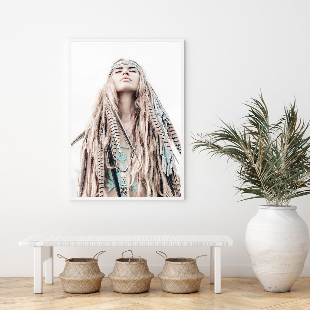 70cmx100cm BOHO Girl White Frame Canvas Wall Art